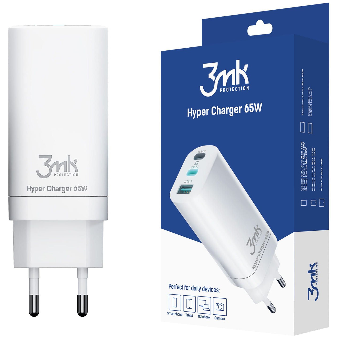 3MK HyperCharger Wall Charger, 65W, 5A, 1 x USB-A - 2 x USB-C, White