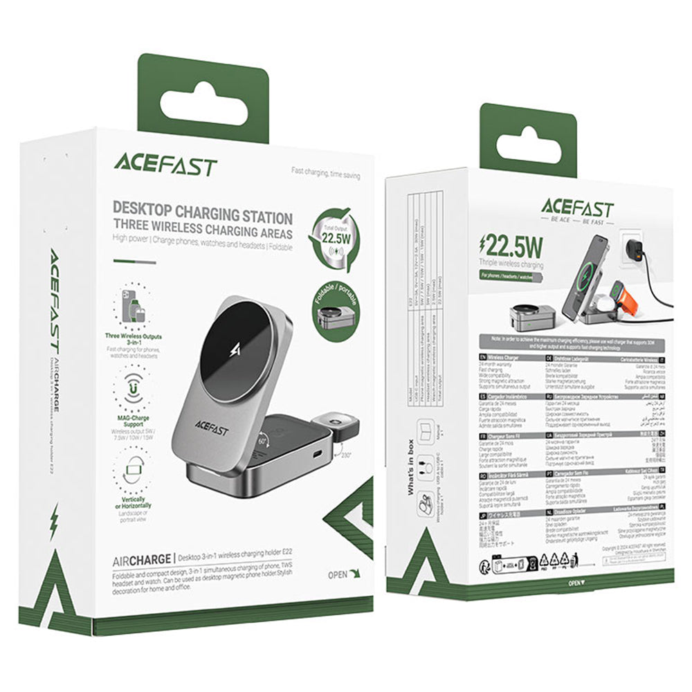 Ładowarka Sieciowa Bezprzewodowa Acefast E22 3w1, 22.5W, 1.67A, Szara