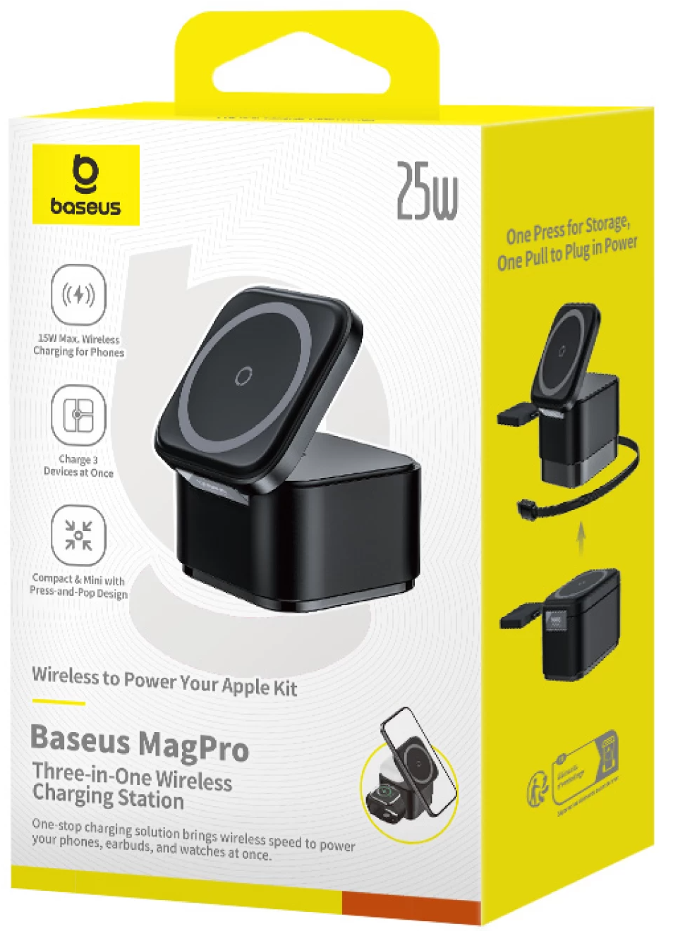 Ładowarka sieciowa bezprzewodowa USB-C Baseus MagPro 3 w 1, 25 W, 1 × USB-C, czarna P10264100123-01