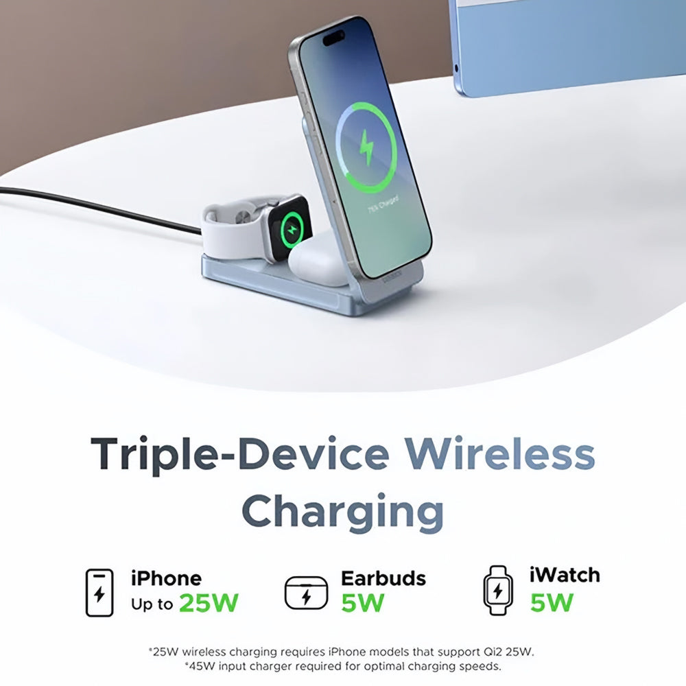 Ładowarka sieciowa bezprzewodowa UGREEN W757 (65901) 3w1, 25W, niebieska