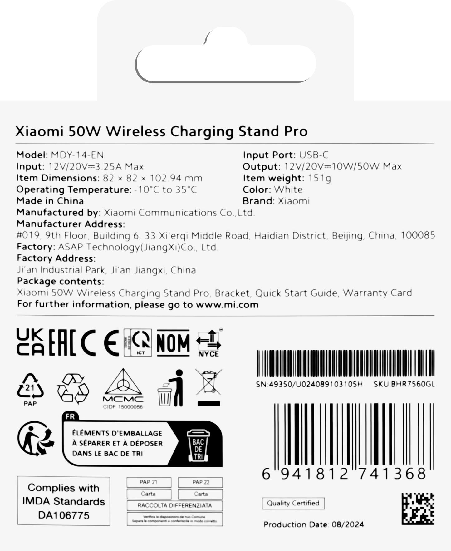 Bezprzewodowa ładowarka sieciowa Xiaomi Stand Pro, 50 W, biała BHR7560GL