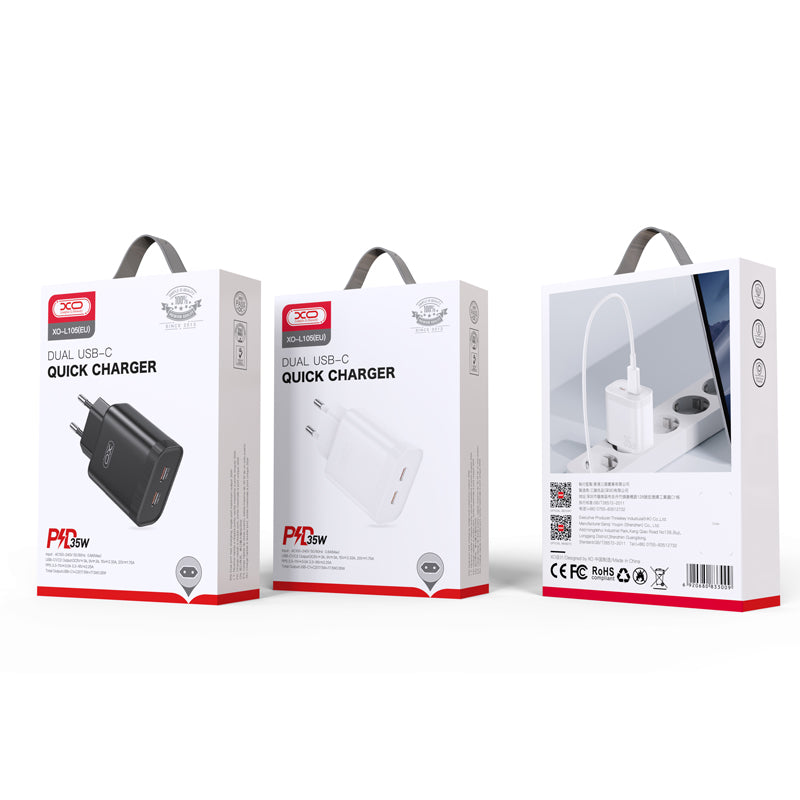 Network Charger XO Design L105, 35W, 3A, 2 x USB-C, Black
