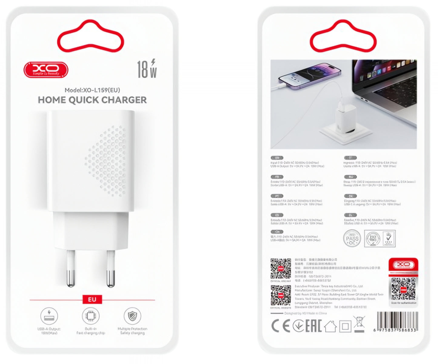 Ładowarka sieciowa XO Design L159, 18W, 3A, 1 x USB-A, Biała