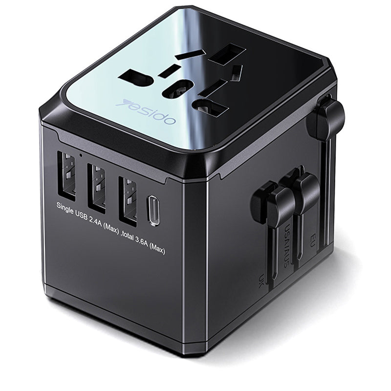 Ładowarka sieciowa Yesido MC10 Travel, 12W, 2.4A, 1 x USB-C - 3 x USB-A, Czarny