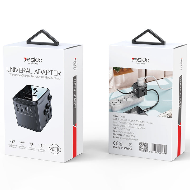 Ładowarka sieciowa Yesido MC10 Travel, 12W, 2.4A, 1 x USB-C - 3 x USB-A, Czarny