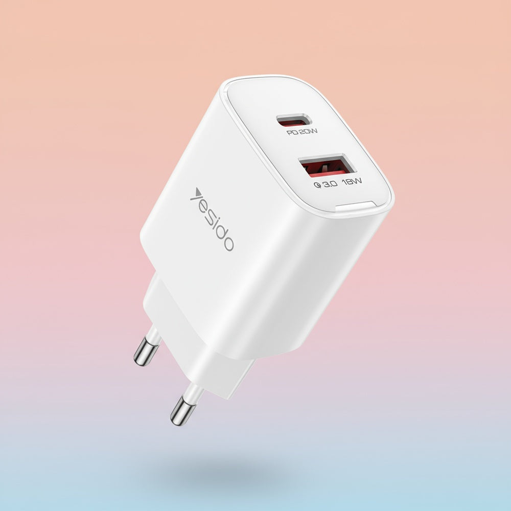 Ładowarka sieciowa Yesido YC02E, 20W, 3A, 1 x USB-A - 1 x USB-C, Biała