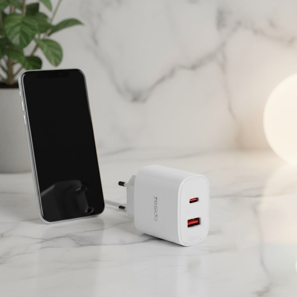 Ładowarka sieciowa Yesido YC02E, 20W, 3A, 1 x USB-A - 1 x USB-C, Biała