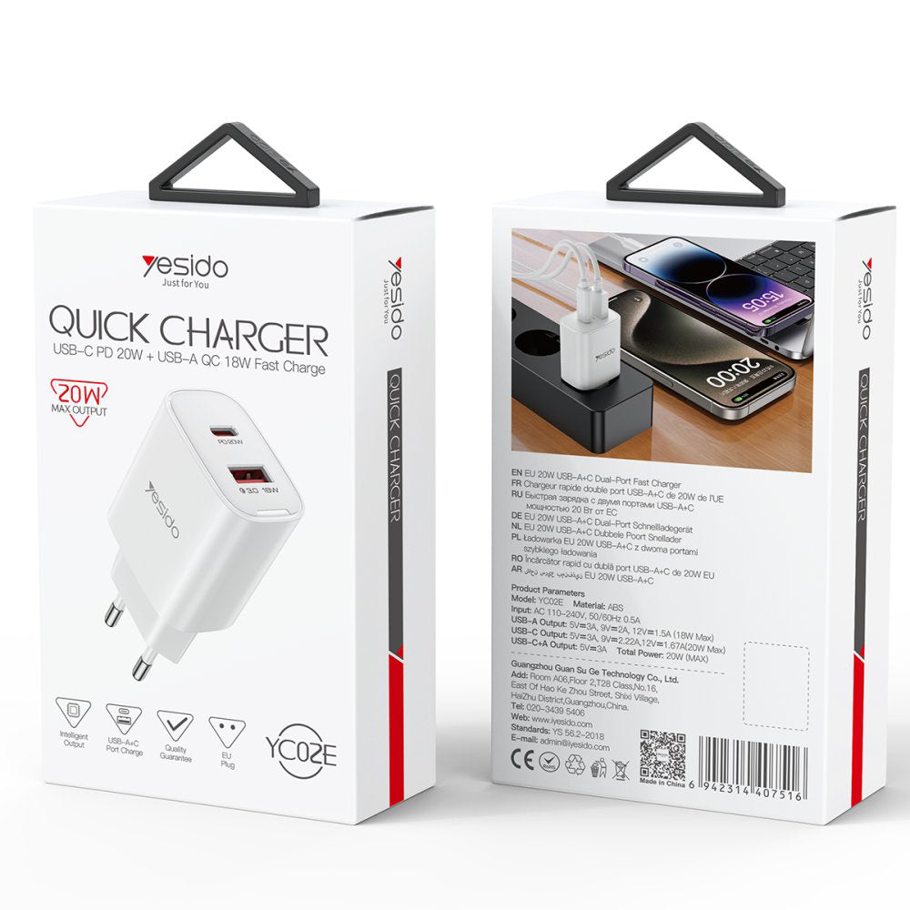 Ładowarka sieciowa Yesido YC02E, 20W, 3A, 1 x USB-A - 1 x USB-C, Biała