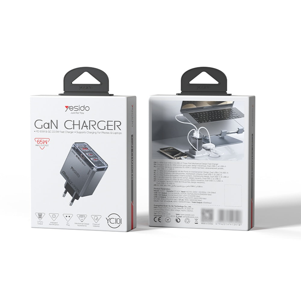 Ładowarka sieciowa Yesido YC101, 65W, 3.25A, 1 x USB-A - 2 x USB-C, Czarny