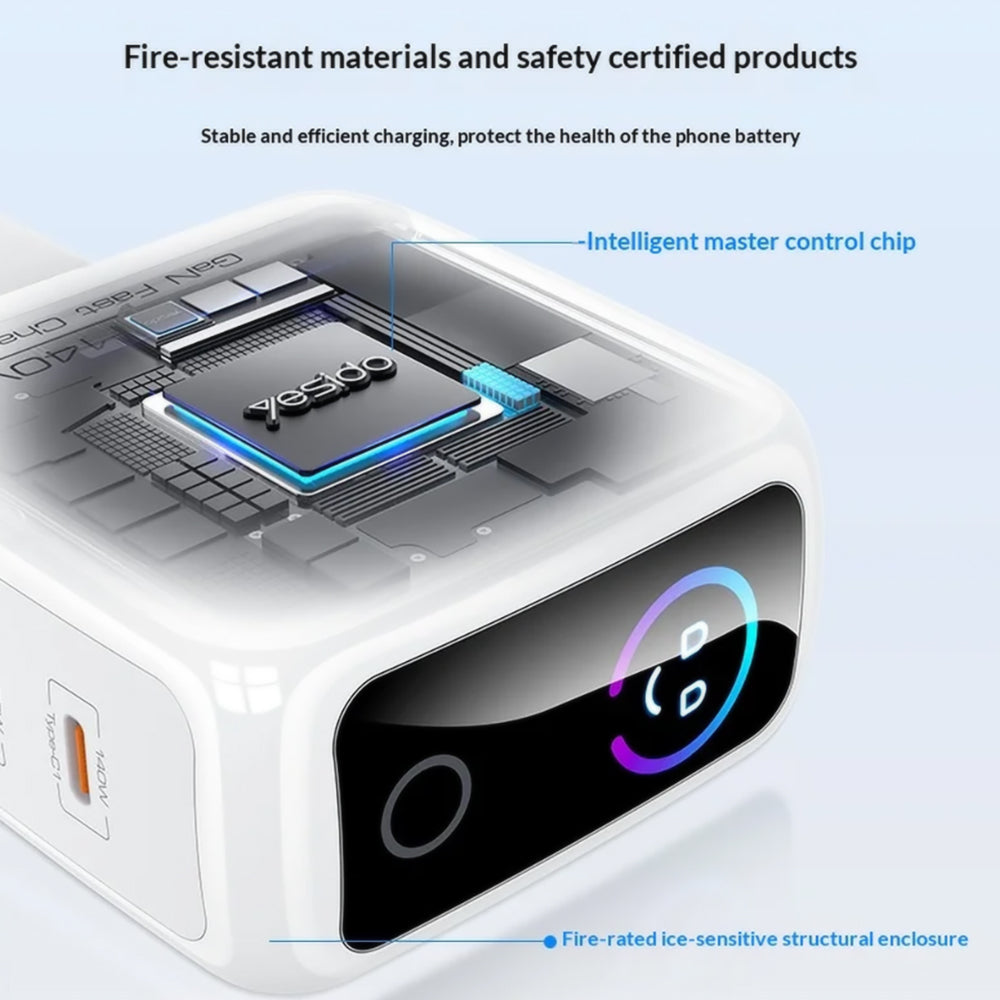 Ładowarka sieciowa Yesido YC114 Display, 140W, 5A, 1 x USB-A - 2 x USB-C, Biała