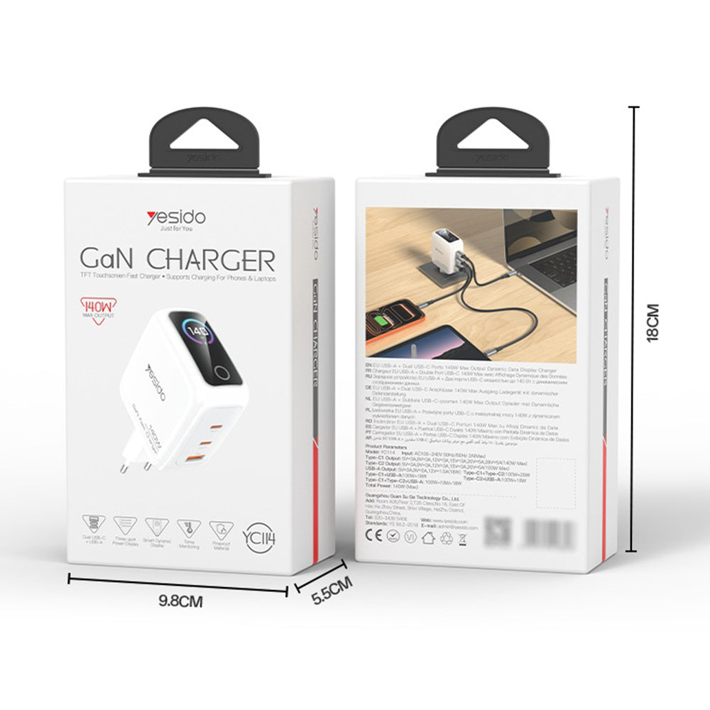 Ładowarka sieciowa Yesido YC114 Display, 140W, 5A, 1 x USB-A - 2 x USB-C, Biała