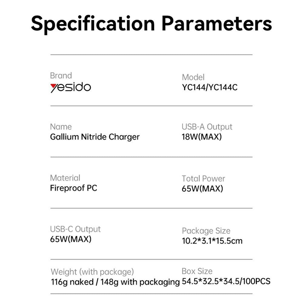 Ładowarka sieciowa Yesido YC144, 65W, 3.25A, 1 x USB-A - 2 x USB-C, Czarny