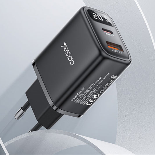 Ładowarka sieciowa Yesido YC68, wyświetlacz 20W, 3A, 1 x USB-A - 1 x USB-C, Czarny