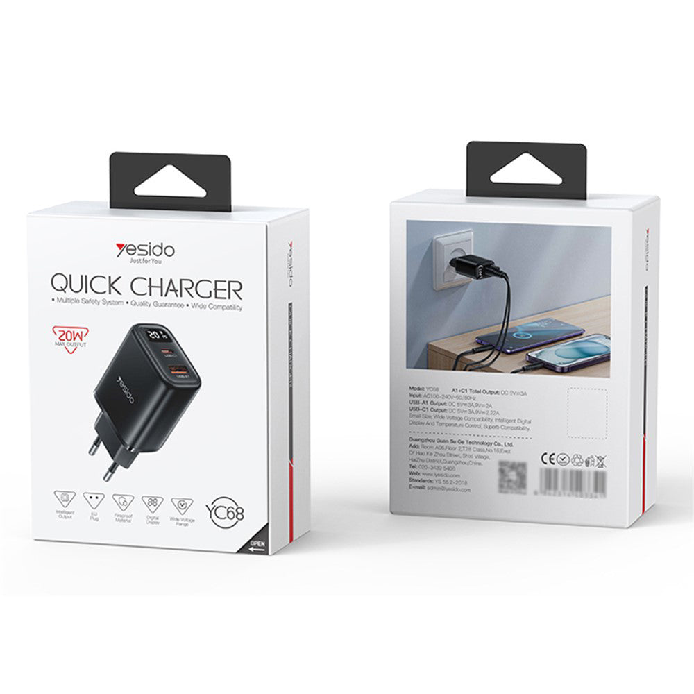 Ładowarka sieciowa Yesido YC68, wyświetlacz 20W, 3A, 1 x USB-A - 1 x USB-C, Czarny