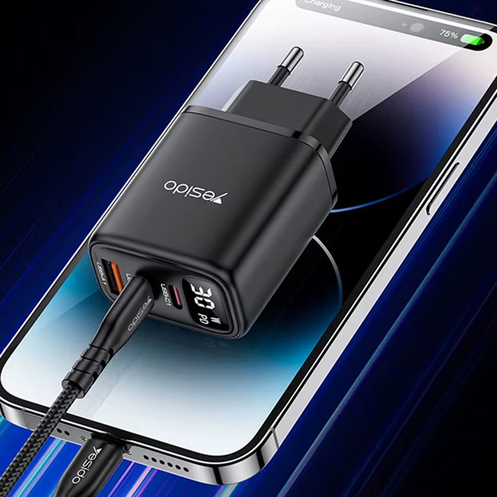 Ładowarka sieciowa Yesido YC69 Display, 30W, 3A, 1 x USB-A - 2 x USB-C, Czarny