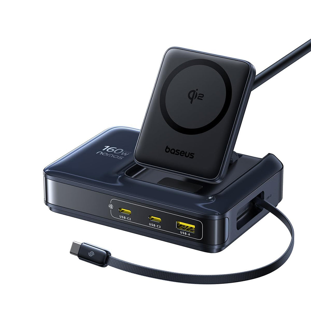 Ładowarka stacja Baseus Nomos NH21 QI 5w1, 160W, 5A, 1 x USB-A - 2 x USB-C, czarna E0121700