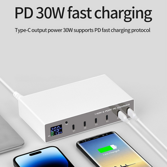 Ładowarka Stacja OEM WLX-X6P, 140W, 3A, 6 x USB-C, Srebrny