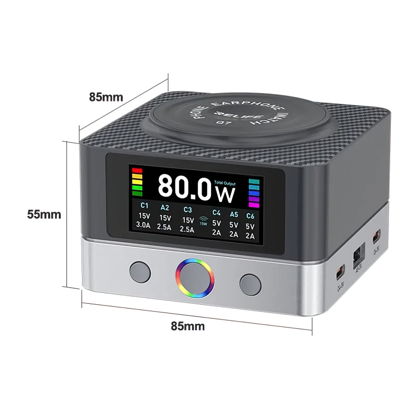 Ładowarka Stacja Relife Q7 QI, 80W, 3.25A, 2 x USB-A - 4 x USB-C, Szara