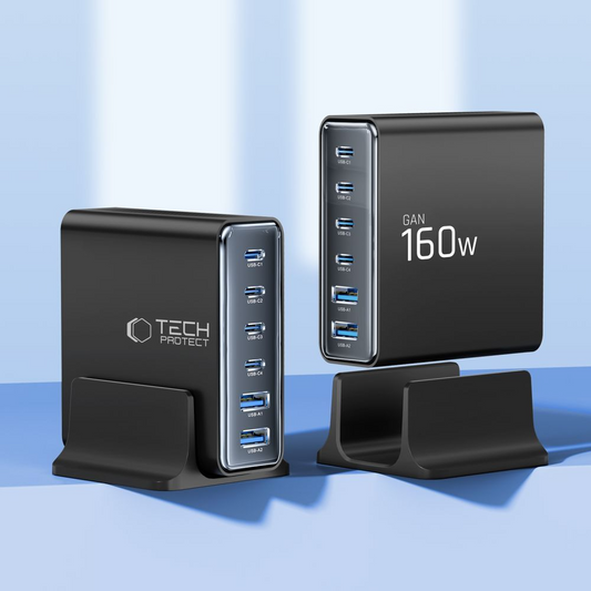 Ładowarka stacja Tech-Protect DC160W-GAN, 160W, 5A, 2 x USB-A - 4 x USB-C, Czarny