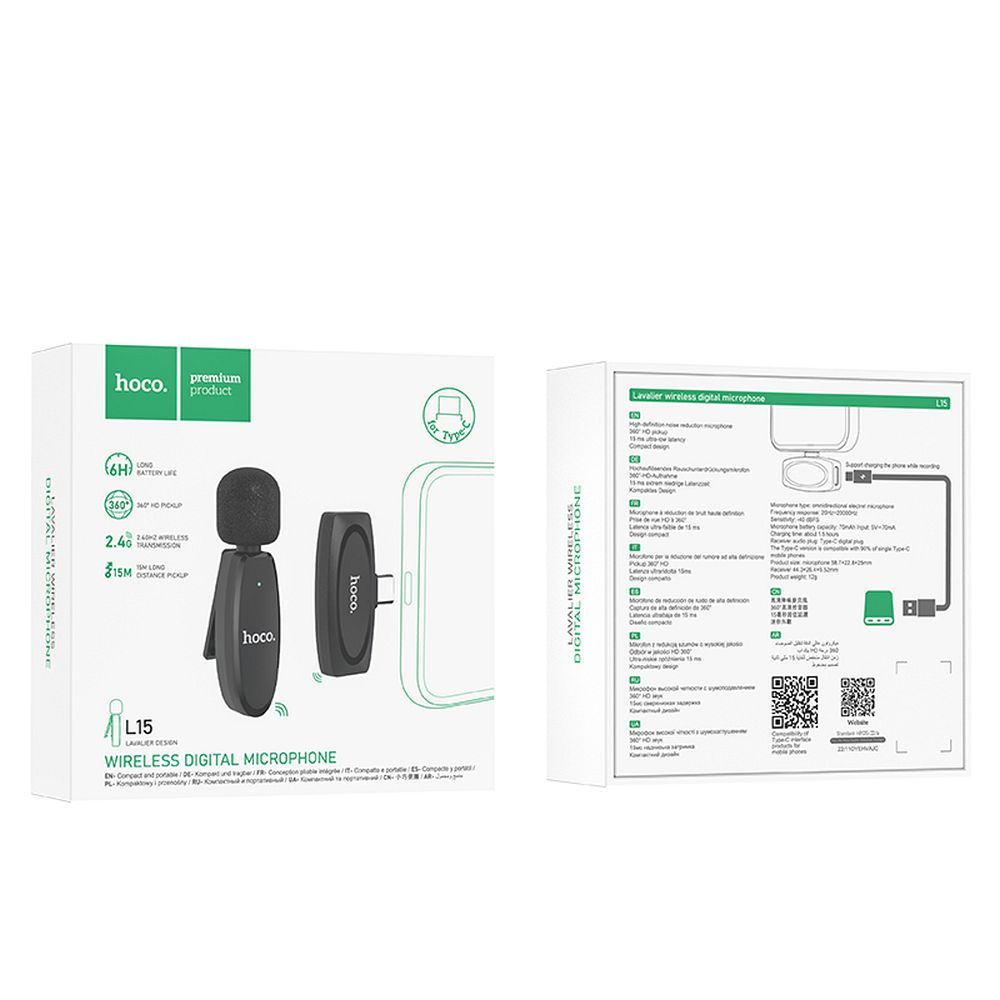 Mikrofon krawatowy HOCO L15, USB-C, Czarny