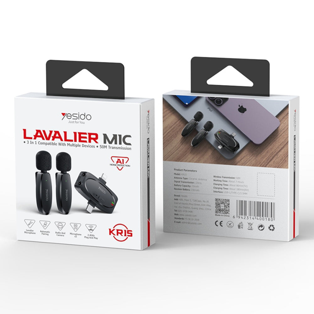 Lavaliera Yesido KR15, USB-C / Lightning, Zestaw 2 sztuki, Czarna