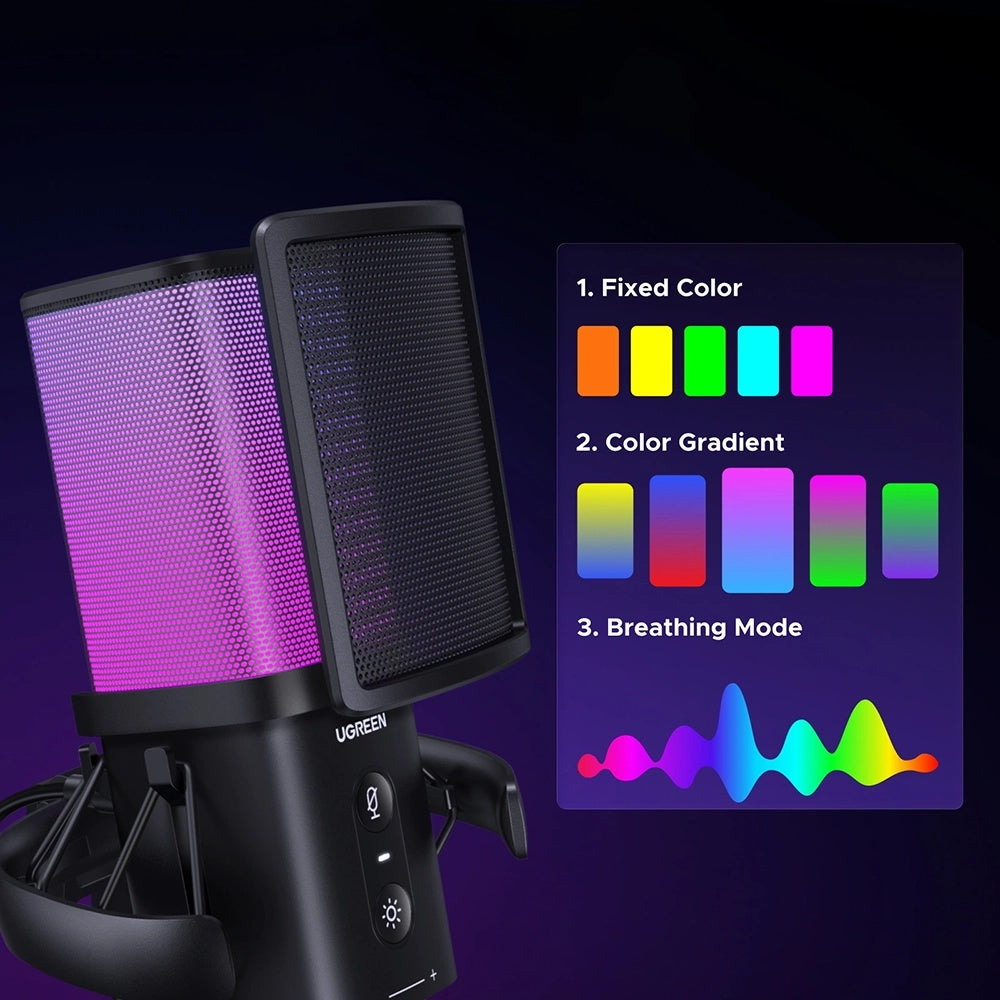Mikrofon Kardioidalny UGREEN CM581 (65629), RGB, USB-C, 1.5m, Czarny