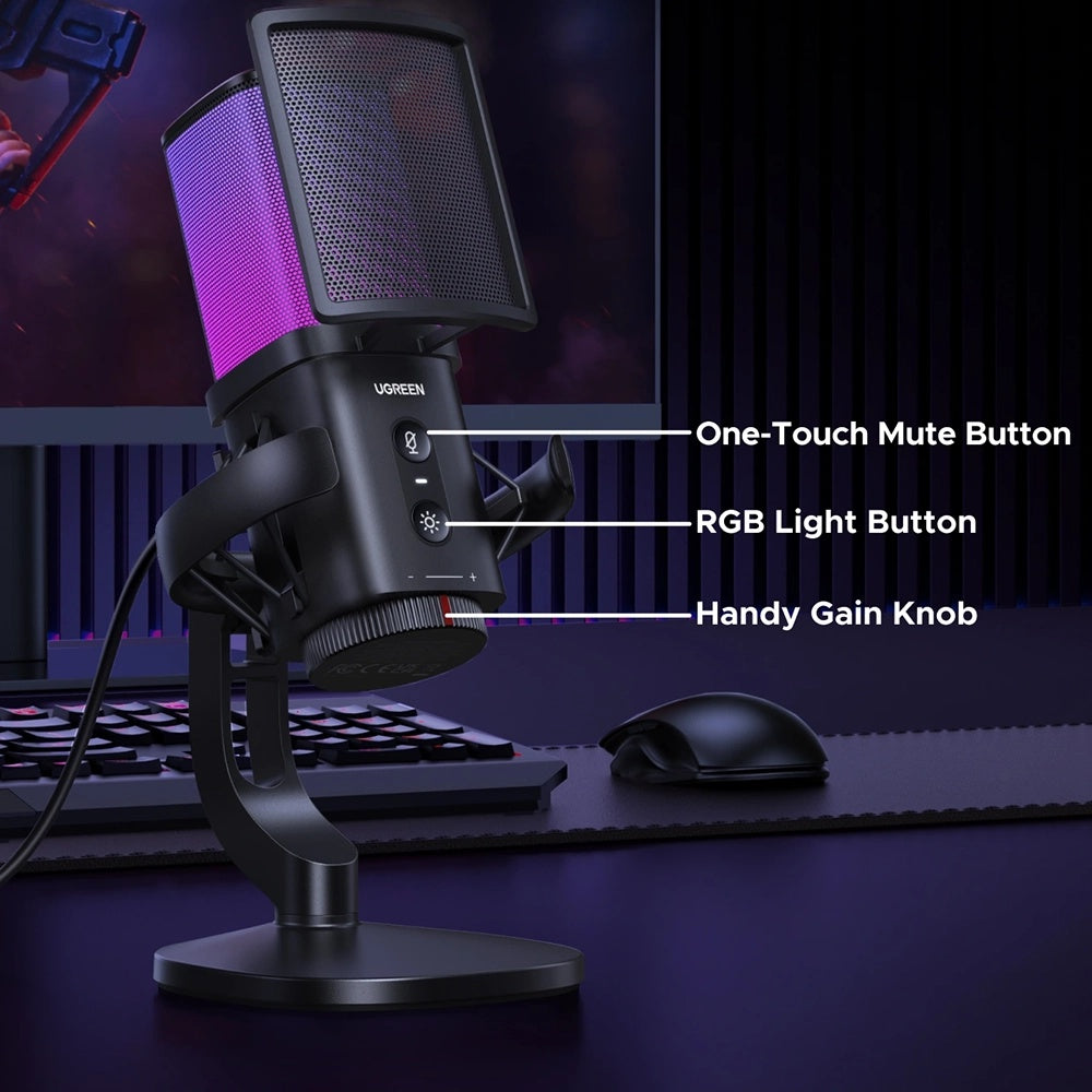 Mikrofon Kardioidalny UGREEN CM581 (65629), RGB, USB-C, 1.5m, Czarny