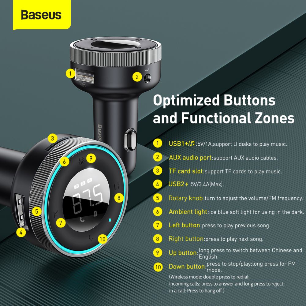 Modulator FM Bluetooth Baseus Enjoy, 2 x USB-A - 1 x microSD - 1 x AUX CCLH-01