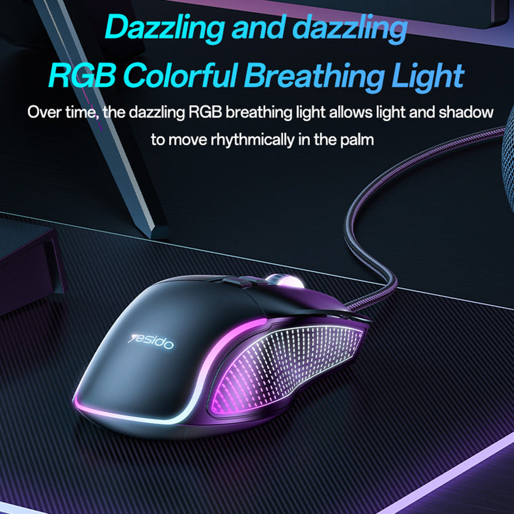 Mysz Gamingowa Przewodowa USB Yesido KB20, RGB, 1000DPI - 7200DPI, Czarna