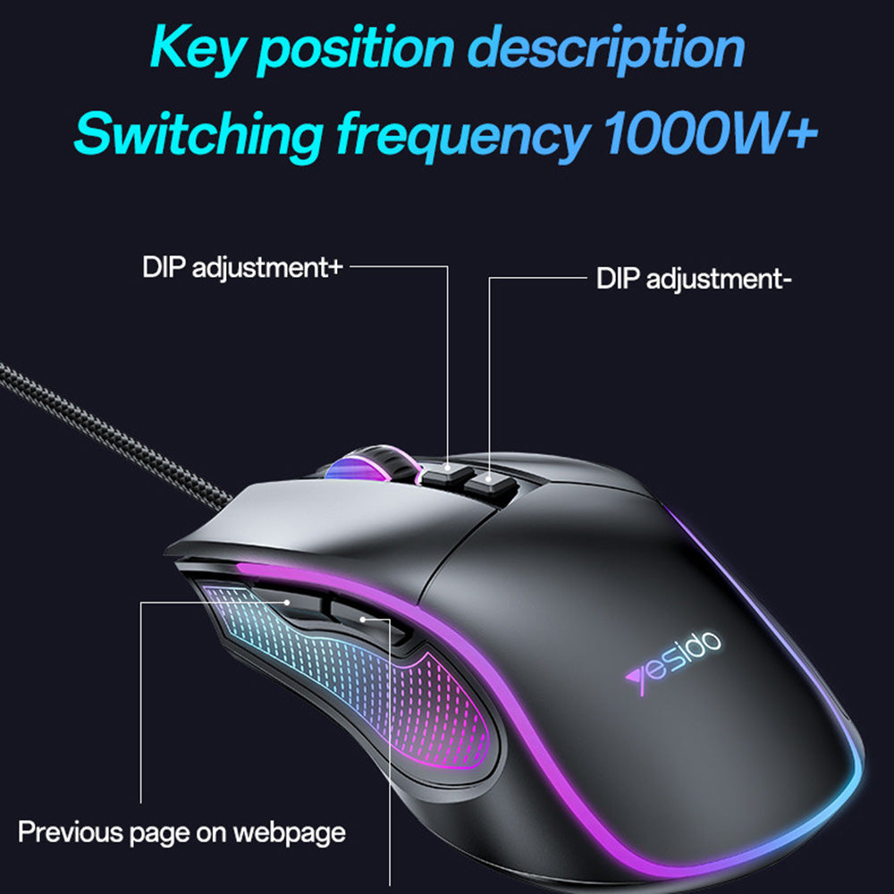 Mysz Gamingowa Przewodowa USB Yesido KB20, RGB, 1000DPI - 7200DPI, Czarna