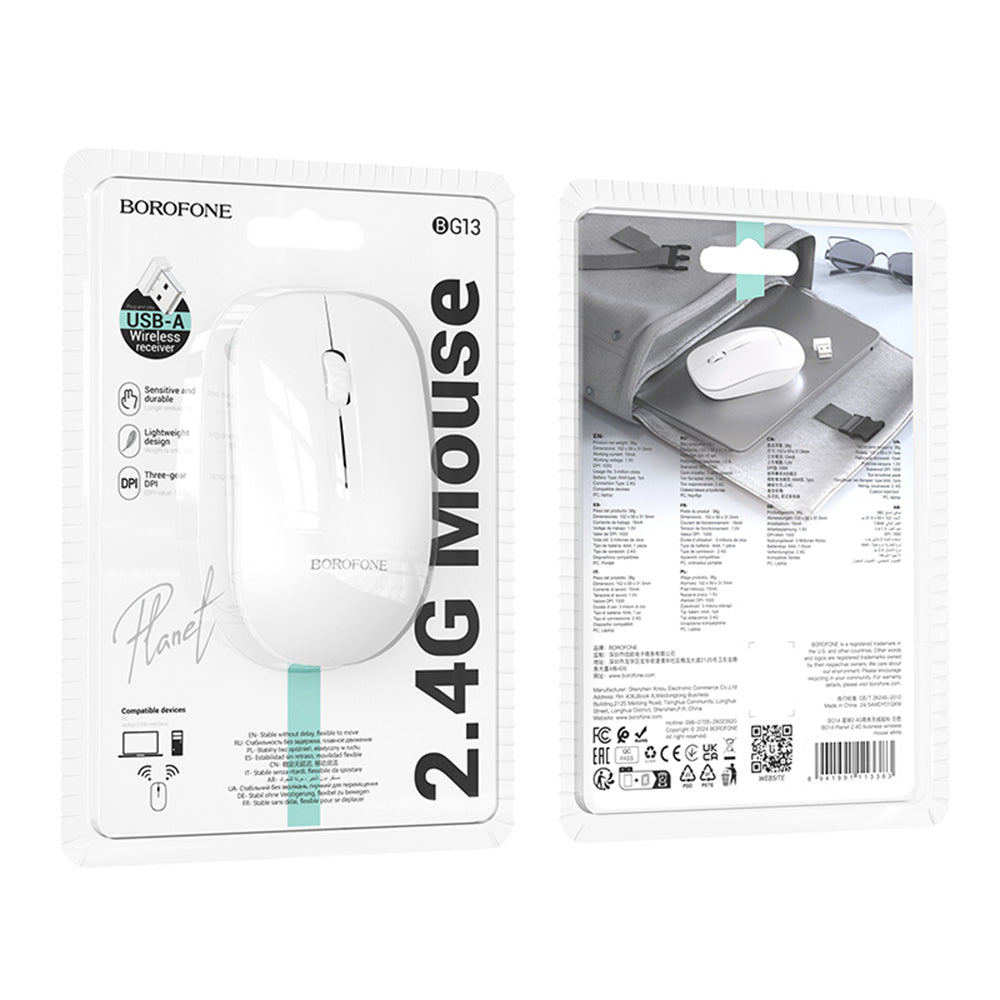 Mysz bezprzewodowa Borofone BG14 Planet, 1000DPI, BT / Wi-Fi, Biała
