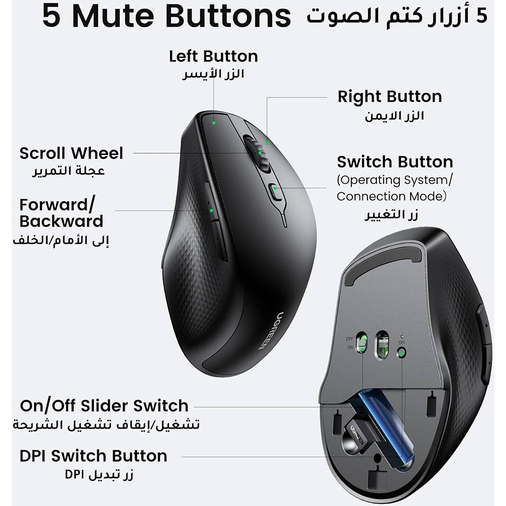 Mysz bezprzewodowa UGREEN MU101, 4000DPI, BT / Wi-Fi, Czarna