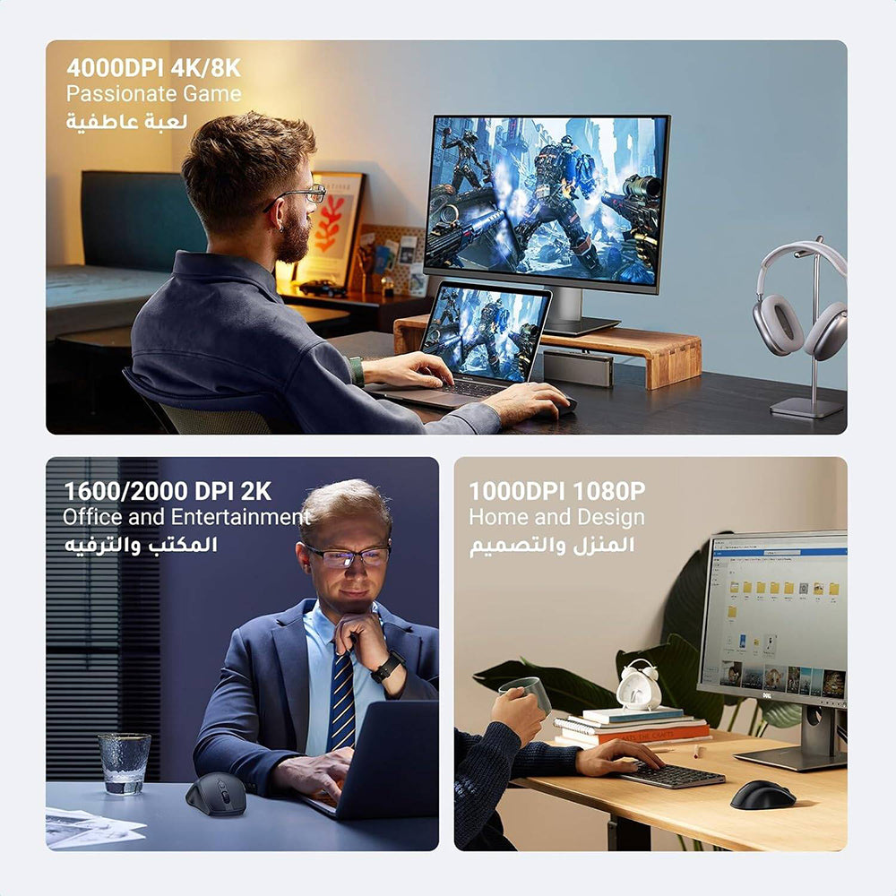 Mysz bezprzewodowa UGREEN MU101, 4000DPI, BT / Wi-Fi, Czarna