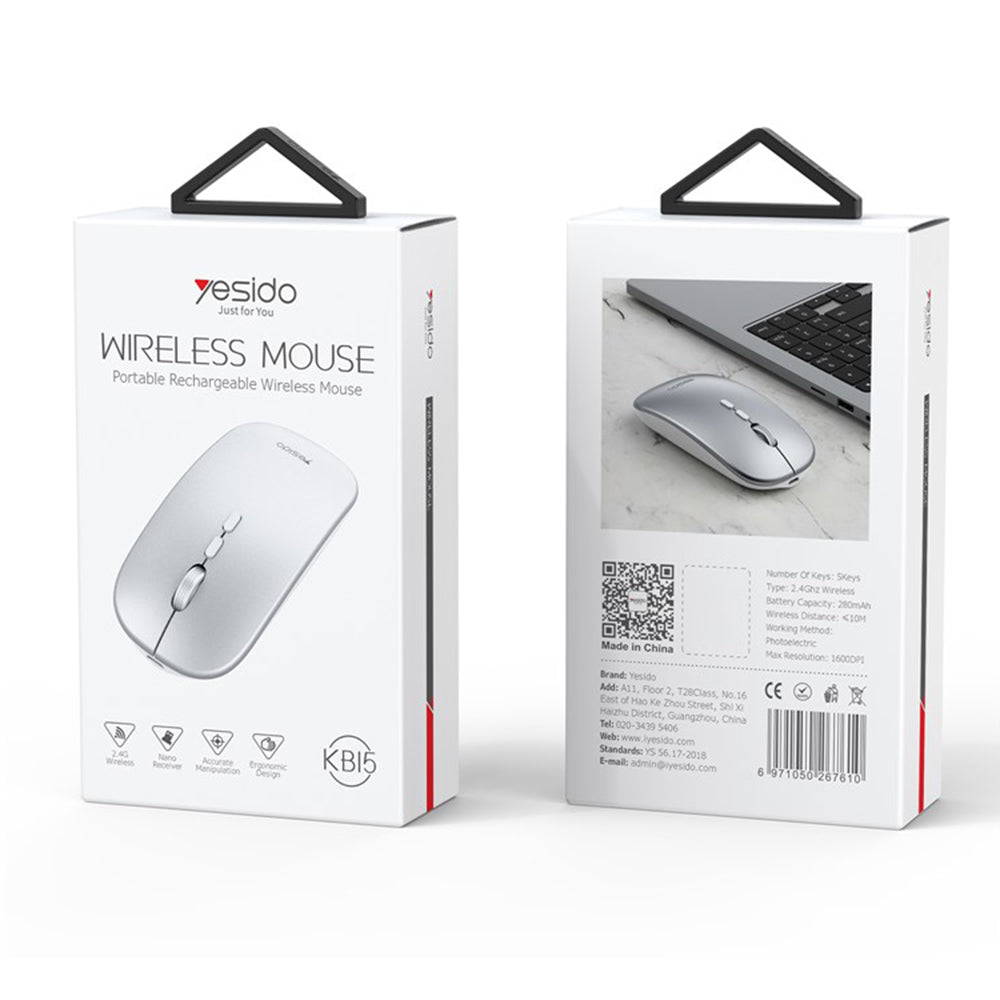 Mysz bezprzewodowa Yesido KB15, 800DPI - 1600DPI, Srebrna