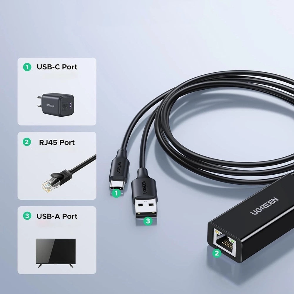 Karta Sieciowa UGREEN CR110 (75535), RJ45, USB / USB-C, Czarny