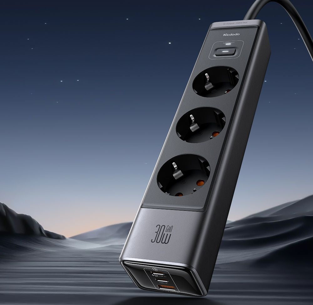 Przedłużacz McDodo CH-0620, 3 x Schuko - 1 x USB-A - 2 x USB-C, Czarny