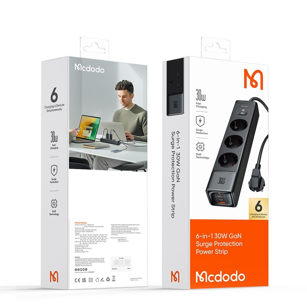 Przedłużacz McDodo CH-0620, 3 x Schuko - 1 x USB-A - 2 x USB-C, Czarny