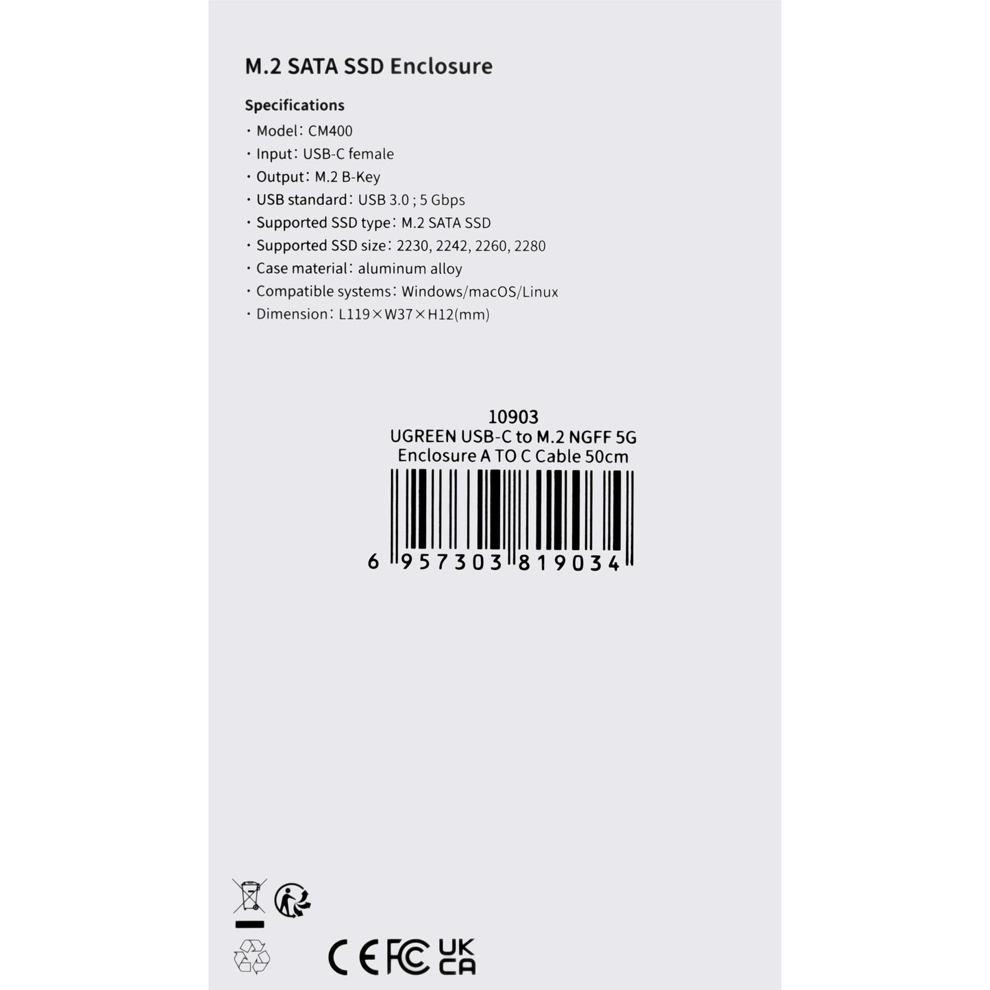 Rack UGREEN CM400 dla SSD SATA M.2 NGFF, Szary