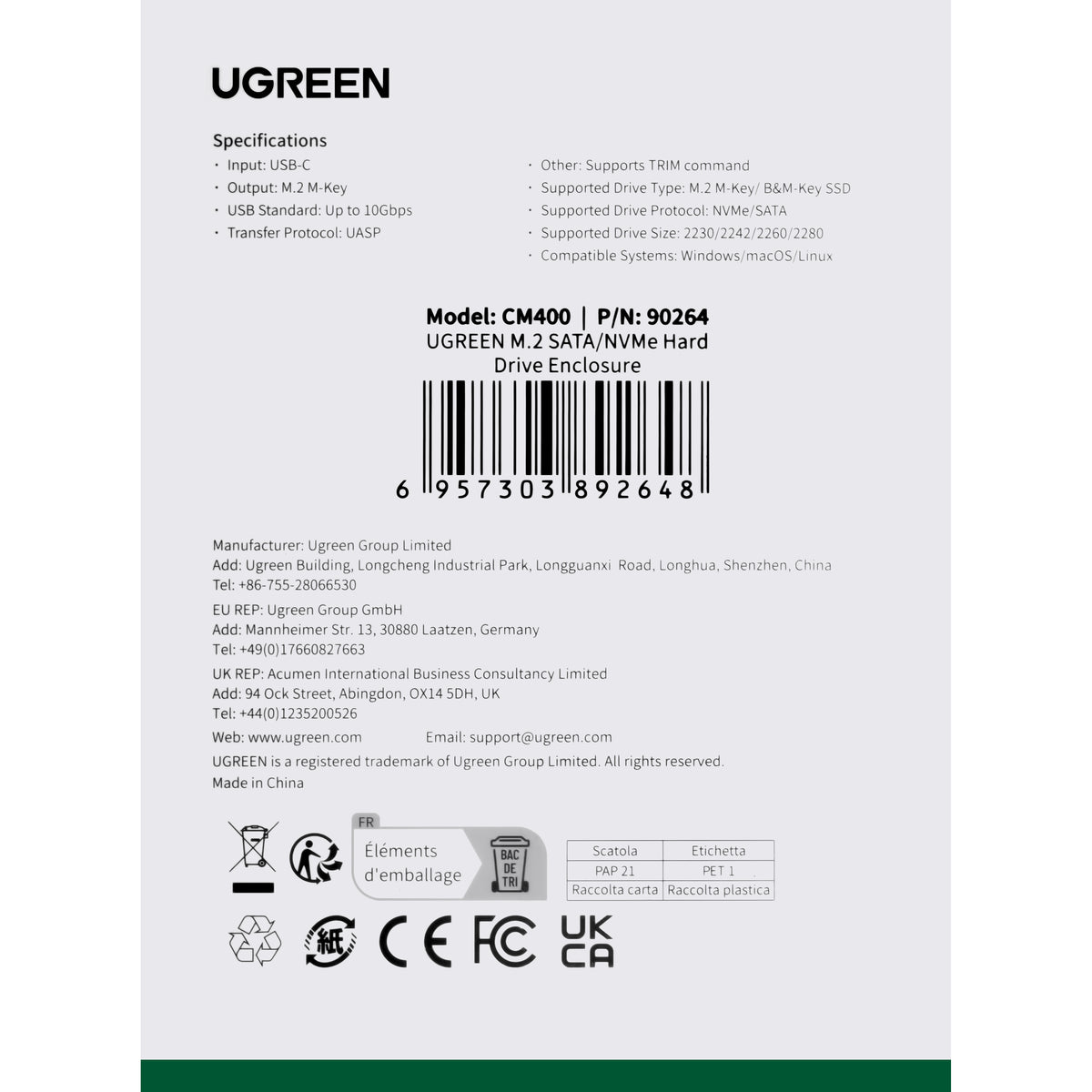 Rack UGREEN CM400 dla SSD M.2 NVMe, Szary