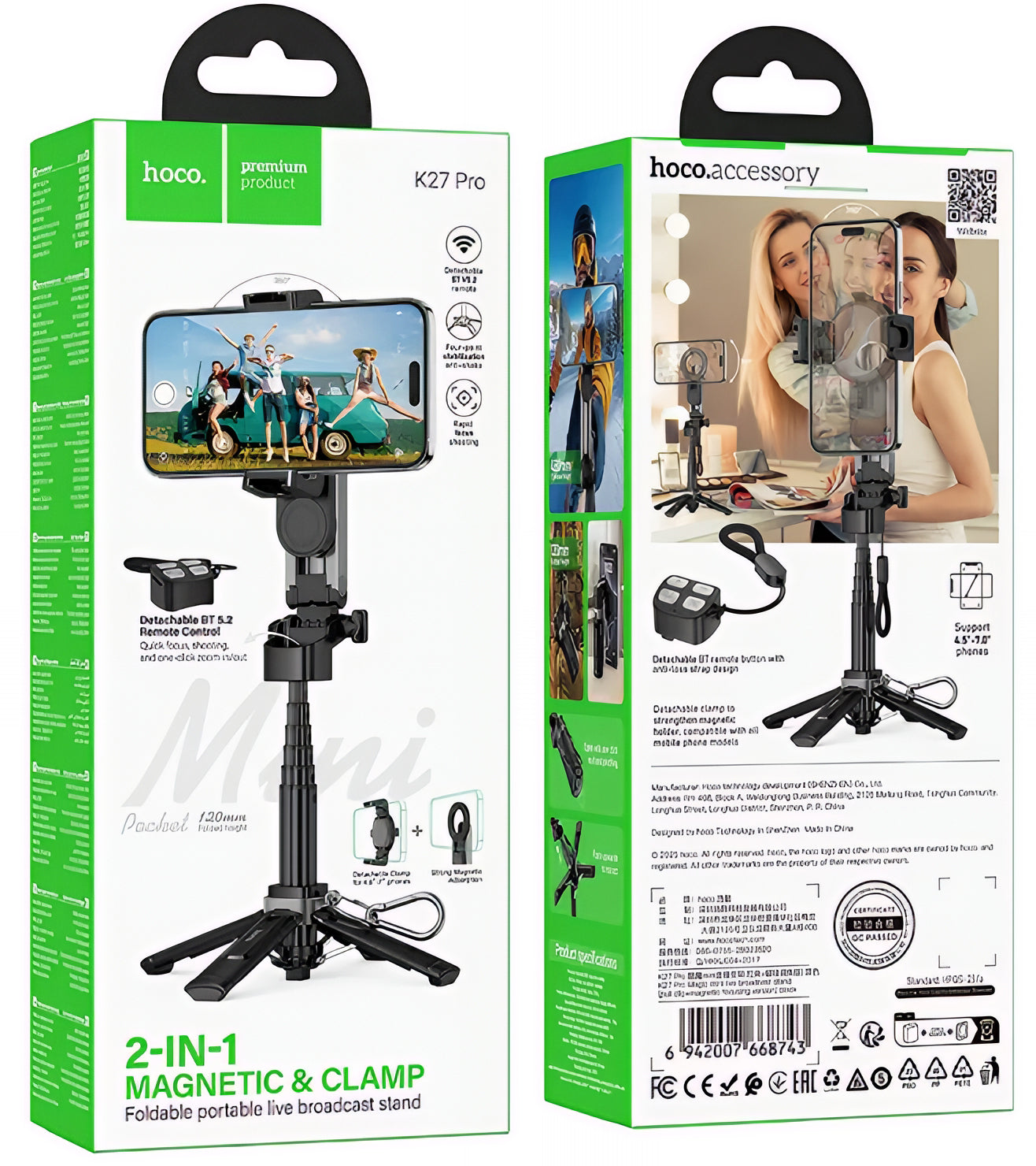 Selfie Stick Bluetooth HOCO K27 Pro, Uniwersalny, Czarny