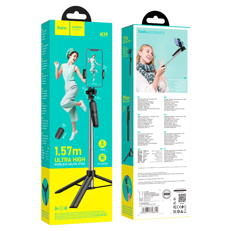 Selfie Stick Bluetooth HOCO K19 Soul Live Broadcast, uniwersalny, czarny