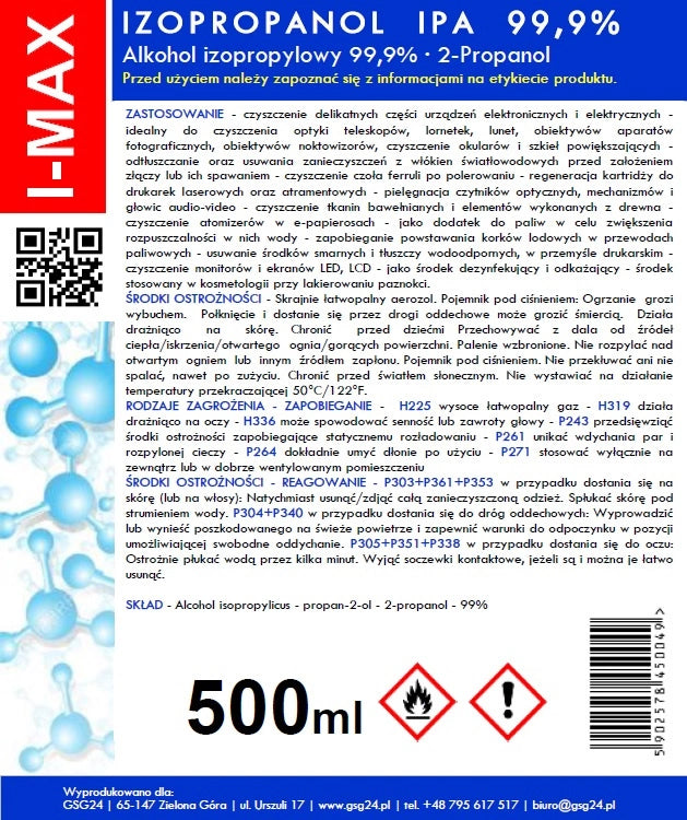 Spray do czyszczenia alkoholem izopropylowym GSG24 I-Max, 500ml