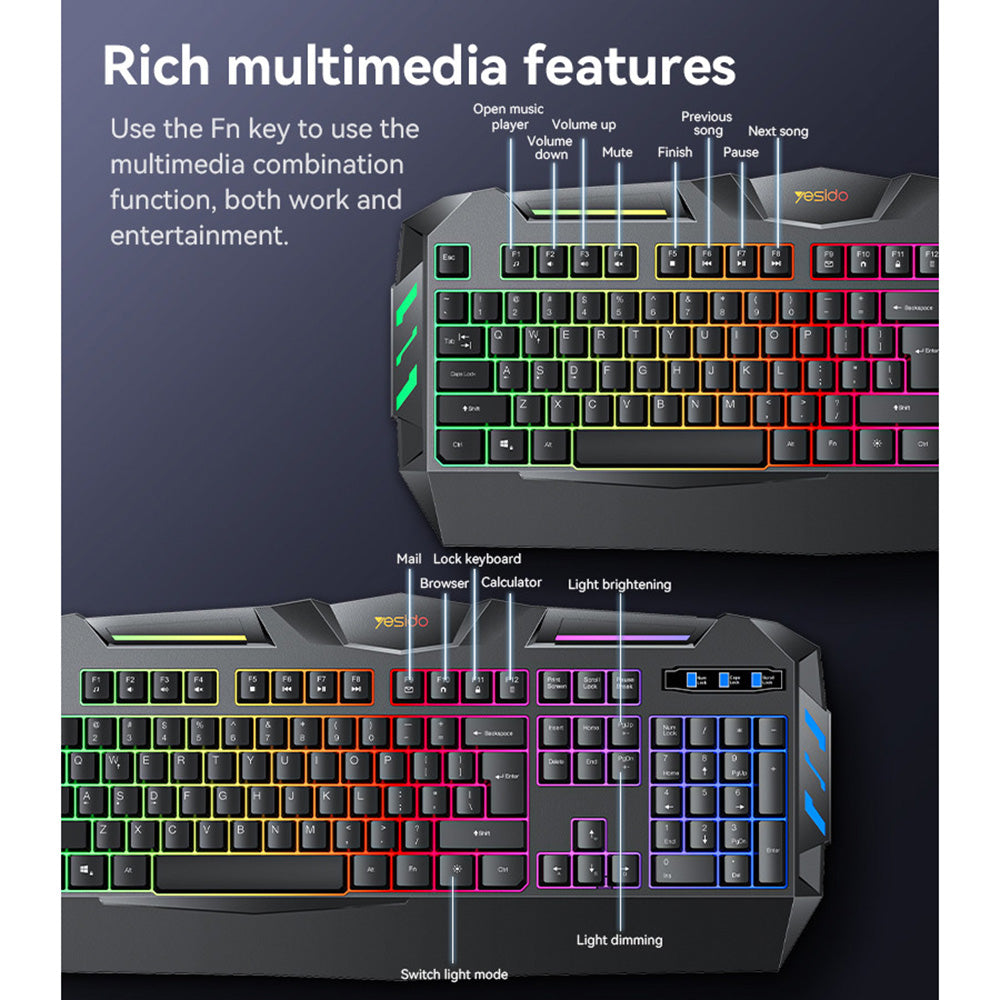 Yesido KB21 Wireless Keyboard, RGB, 1.5m, Black