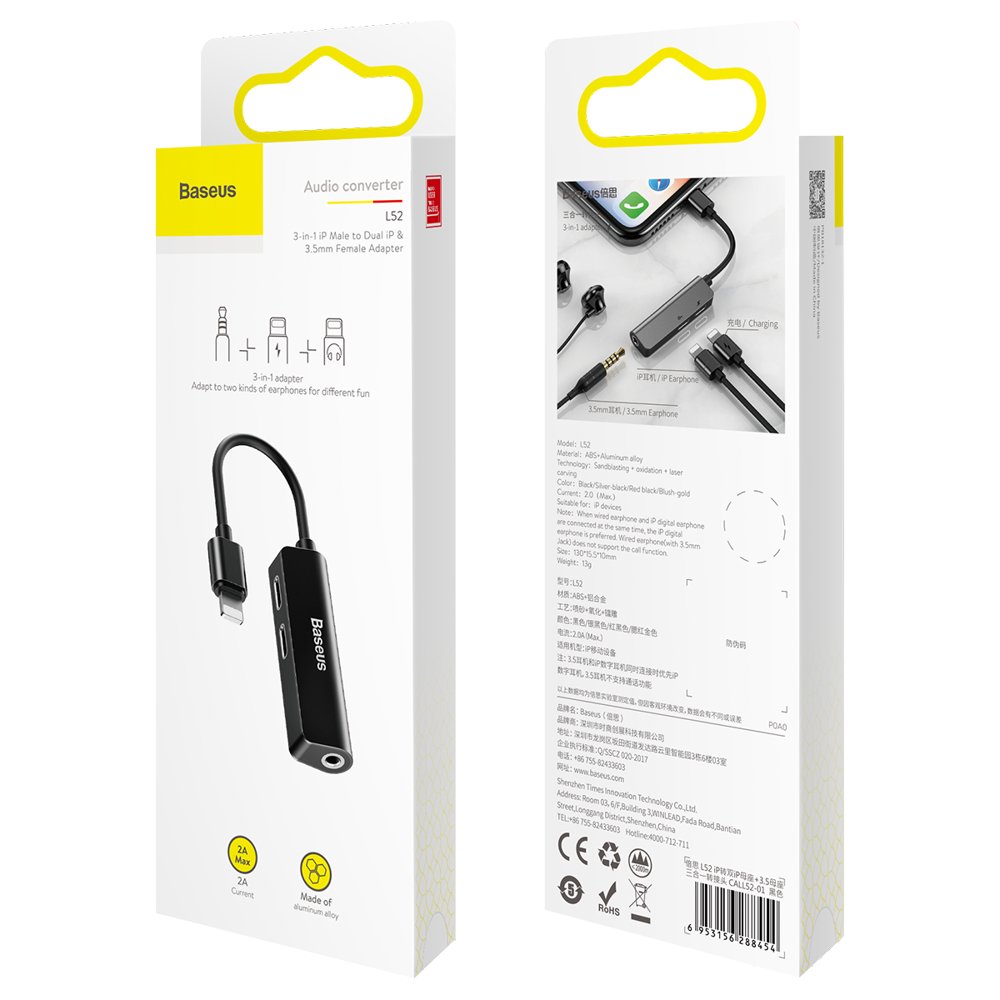 Adapter Audio Lightning - Lightning / 3.5mm Baseus L52, Czarny CALL52-01