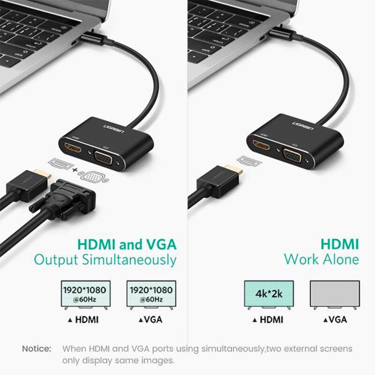 Adapter Wideo UGREEN CM449, USB-A - HDMI / VGA, Szary