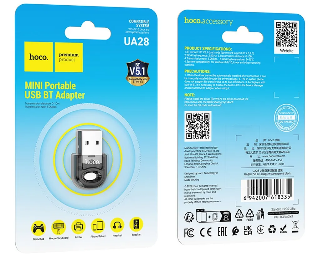 Adapter Bluetooth USB HOCO UA28, Czarny