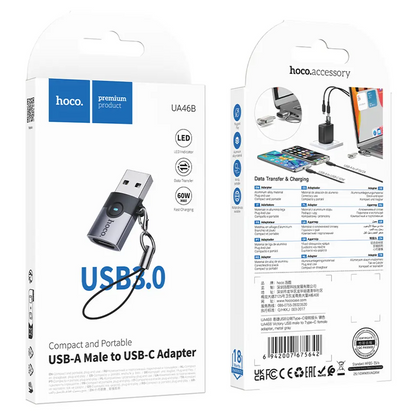 Adapter danych i ładowania USB-C - USB-A HOCO UA46B, Szary