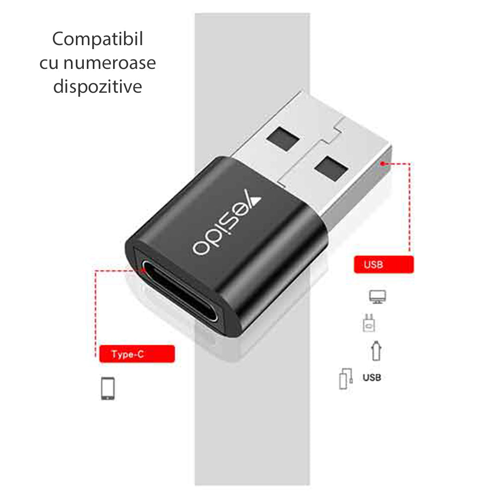 Adapter Danych i Ładowania USB-C - USB-A Yesido GS09, Czarny