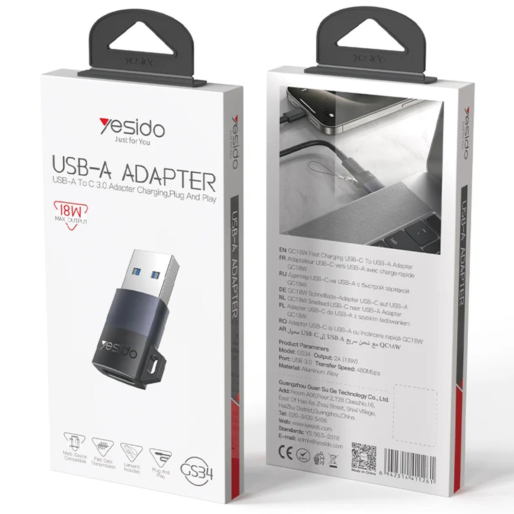 Adapter Danych i Ładowania USB-C - USB-A Yesido GS34, Szary