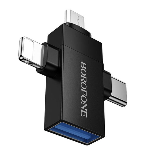 Adapter OTG Lightning / microUSB / USB-C - USB-A Borofone BV26D, Czarny